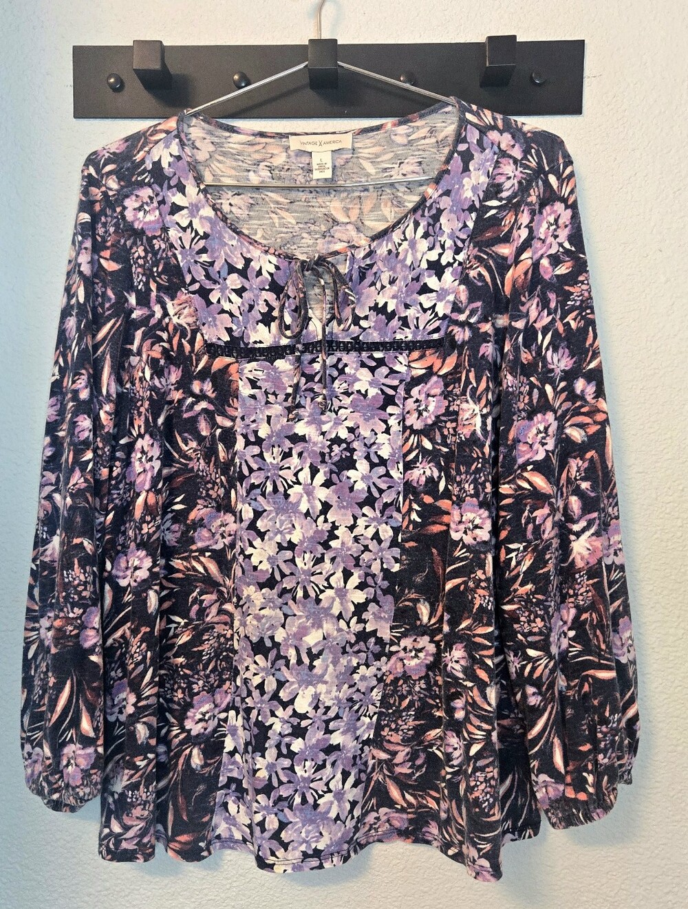 Vintage America Blues Floral Tie Neck Blouse Size L